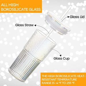 QWEZXO High Borosilicate Glass Cups With Lids and Glass Straws，20 OZ Rainbow Iced Coffee Water Tumbler Smoothie