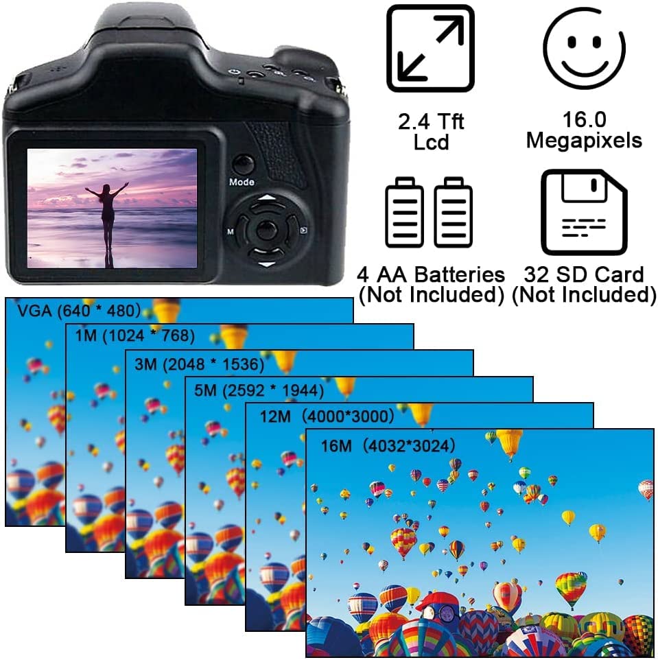Acuvar Digital Camera, 16 MP Photo Camera Mini Digital SLR Camera, CMOS Sensor 2.4“ TFT LCD Compact with 32GB SD Card, Card Holder, Card Reader, 16X Digital Zoom Video for Children Adults Beginners