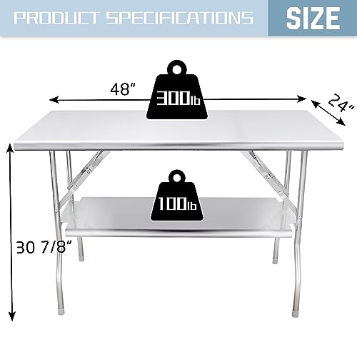 Hally Stainless Steel Folding Table 24 x 48 Inches, NSF Commercial Portable Prep & Work Table, Heavy Duty Table with Undershelf for Outdoor Camp Picnic Party Restaurant, Home and Hotel