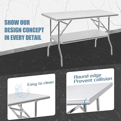 Hally Stainless Steel Folding Table 24 x 48 Inches, NSF Commercial Portable Prep & Work Table, Heavy Duty Table with Undershelf for Outdoor Camp Picnic Party Restaurant, Home and Hotel