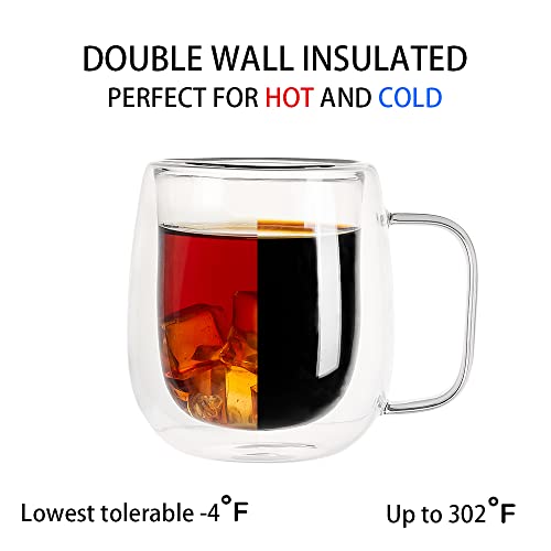 Mugs 12 oz Glass Espresso Cup with Lids Spoon - Double Wall Insulated Clear Coffee Mugs With Handle & Suspended Base Design - Thick Expresso Coffee Cups For Americano, Lattes, Tea (Set of 2,Gift Box)