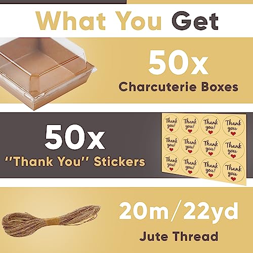 50 Pack Small Charcuterie Boxes with Clear Lids - To Go Paper Mini Charcuterie Box, Disposable Food Containers, 5Inch Dessert Boxes for Sandwich, Cookie, Sushi, Cake Slice, Strawberries (Brown)