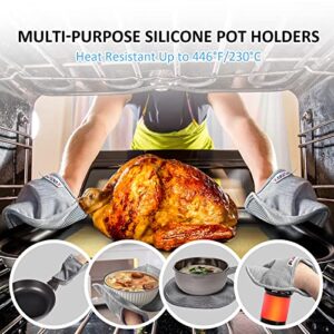 Easy Wear & Off, KooMall Silicone Pot Holders Set, Multi-Purpose Hot Pads for Kitchen, Trivets Potholders Oven Mitts for Baking Cooking Hot Dishes Pans, Anti-slip Lining & Both Sides Heat Safety, Gray