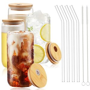 woisut glass cups with lids and straws 4pcs set - 16oz drinking glasses, beer glasses, iced coffee cups, cute glass tumbler for smoothie, milk tea, whiskey, gifts for women men