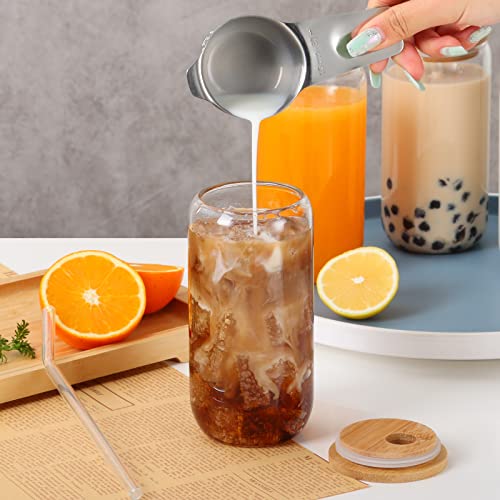 Woisut Glass Cups with Lids and Straws 4pcs Set - 16oz Drinking Glasses, Beer Glasses, Iced Coffee Cups, Cute Glass Tumbler for Smoothie, Milk Tea, Whiskey, Gifts for Women Men