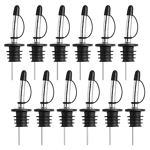 12-Pack Premium Stainless Steel Classic Tapered Spout Bottle Pourers with Rubber Dust Caps - Ideal for Standard Sized Liquor, Wine, Coffee, Syrup, Vinegar, Snow Cone and Olive Oil Bottles