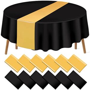 12 pack 12x108 inch satin table runner and 84 inch round plastic tablecloths set black and gold disposable round table cover for graduation wedding bridal shower anniversary birthday party decorations