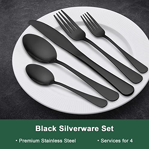 20 Pieces Black Silverware Set, AIKWI Stainless Steel Cutlery Flatware Set, Kitchen Tableware Utensils Set with Knife Spoon Fork, Dishwasher Safe & Mirror Polished- Ideal for Home Party Wedding