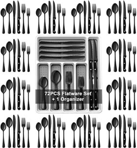 73-piece silverware set with flatware drawer organizer, aikwi stainless steel cutlery set service for 12, tableware eating utensils with steak knives, dishwasher safe, mirror polished & heavy duty