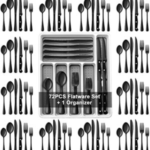 73-Piece Silverware Set with Flatware Drawer Organizer, AIKWI Stainless Steel Cutlery Set Service for 12, Tableware Eating Utensils with Steak Knives, Dishwasher Safe, Mirror Polished & Heavy Duty