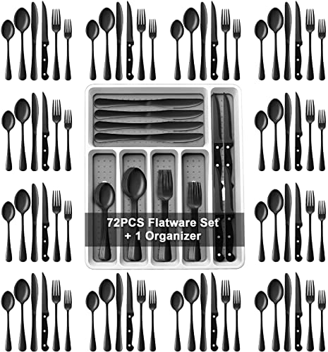 73-Piece Silverware Set with Flatware Drawer Organizer, AIKWI Stainless Steel Cutlery Set Service for 12, Tableware Eating Utensils with Steak Knives, Dishwasher Safe, Mirror Polished & Heavy Duty