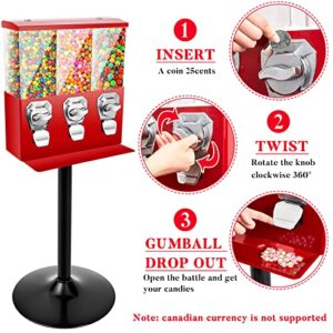 Treela Commercial Candy Vending Machine with Stand, Gumball Vending Machine for Business, Triple Head Vending Machine with Removable Canisters, 25 Cent Coin Operated Candy Dispenser for Park Stores