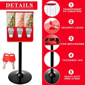 Treela Commercial Candy Vending Machine with Stand, Gumball Vending Machine for Business, Triple Head Vending Machine with Removable Canisters, 25 Cent Coin Operated Candy Dispenser for Park Stores