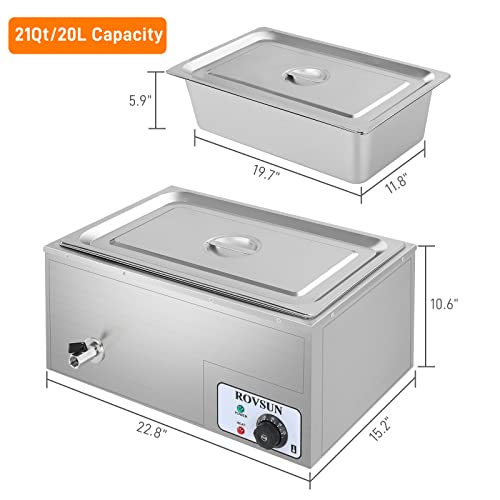 ROVSUN 21QT Full Pan Commercial Food Warmer, 110V Stainless Steel Bain Marie Buffet Electric Food Warmer, Stove Steam Table with Temperature Control & Lid for Parties, Catering, Restaurants