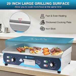 IRONWALLS Commercial Griddle Electric 29 Inch, 110V 4400W Electric Countertop Griddle Flat Top Grill, Non-stick Stainless Steel Teppanyaki Grill with Dual Temperature Control for Restaurant Kitchen