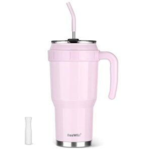 beswin 40 oz tumbler with handle and straw, stainless steel vacuum insulated tumbler with straw lid - travel coffee mug iced coffee cup - keeps cold for 36 hours, leakproof - 40 oz, pale pink
