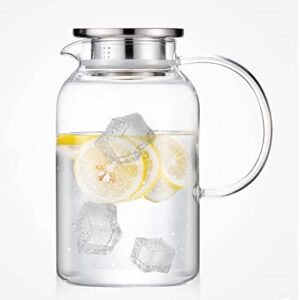 2.0 liter 68oz glass pitcher with lid, easy clean heat resistant glass water carafe with handle for hot/cold beverages - water, cold brew, iced tea & juice