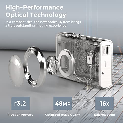 Animdreti Digital Camera Auto Focus 2.7K Vlogging Camera HD 48MP 16X Digital Zoom Camera with 32G Memory Card 2 Batteries YouTube Portable Mini Compact Camera for Kids Teens Adult Beginner