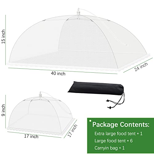 Mesh Food Covers for Outdoors - 7 Pack Upgraded 1 Extra Large 40x24 in & 6 Large 17x17 in Outdoor Party Food Cover Tent Collapsible Picnic Nets Umbrella Screen Pop Up Food Dome for Outside (White)