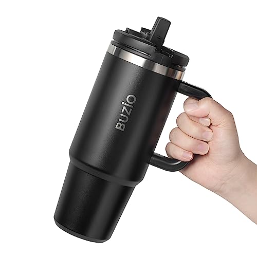 BUZIO 40oz Tumbler with Handle and Straw Lid, Stainless Steel Water Bottle Fits in Cup Holder, Insulated Tumbler Reusable Coffee Mug Travel Flask,Leak-Proof, Keep Cold for 24 Hrs/Hot for 12 Hrs, Black