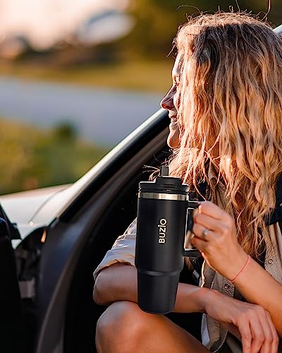 BUZIO 40oz Tumbler with Handle and Straw Lid, Stainless Steel Water Bottle Fits in Cup Holder, Insulated Tumbler Reusable Coffee Mug Travel Flask,Leak-Proof, Keep Cold for 24 Hrs/Hot for 12 Hrs, Black