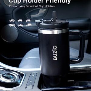 BUZIO 40oz Tumbler with Handle and Straw Lid, Stainless Steel Water Bottle Fits in Cup Holder, Insulated Tumbler Reusable Coffee Mug Travel Flask,Leak-Proof, Keep Cold for 24 Hrs/Hot for 12 Hrs, Black