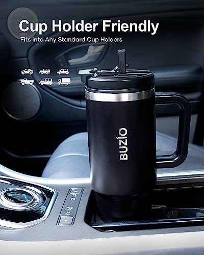 BUZIO 40oz Tumbler with Handle and Straw Lid, Stainless Steel Water Bottle Fits in Cup Holder, Insulated Tumbler Reusable Coffee Mug Travel Flask,Leak-Proof, Keep Cold for 24 Hrs/Hot for 12 Hrs, Black