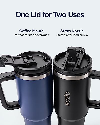 BUZIO 40oz Tumbler with Handle and Straw Lid, Stainless Steel Water Bottle Fits in Cup Holder, Insulated Tumbler Reusable Coffee Mug Travel Flask,Leak-Proof, Keep Cold for 24 Hrs/Hot for 12 Hrs, Black