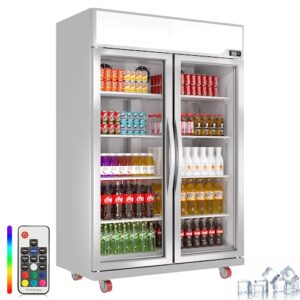 hipopller commercial glass 2 door display refrigerator merchandiser - upright beverage cooler with led lighting - 38.5 cu. ft., silver