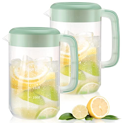 2Pcs Plastic Pitcher with Lid Large Clear Water Carafe Jug Ice Tea Pitcher Lemonade Juice Beverage Jar with Strainer Cover Handle Measurements for Hot Cold Coffee Drink (Green,1 Gallon/4L)