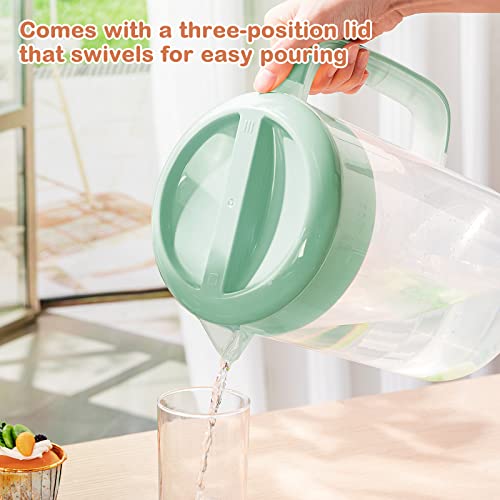 2Pcs Plastic Pitcher with Lid Large Clear Water Carafe Jug Ice Tea Pitcher Lemonade Juice Beverage Jar with Strainer Cover Handle Measurements for Hot Cold Coffee Drink (Green,1 Gallon/4L)