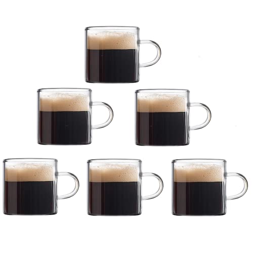 Mfacoy Espresso Cups Set of 6 (Buy 4, get 2 Free), 4 oz Glass Espresso Coffee Cups, Small Espresso Mugs With Handle For Hot or Cold Latte, Tea, Gift for Espresso Lovers, Microwave Dishwasher Safe