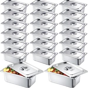 zubebe 16 pack hotel pan with lid 4 inch deep steam table pan 0.9 mm thick stainless steel pans anti steam commercial food pans for restaurant buffet event catering supplies (1/4 size x 4 inch deep)
