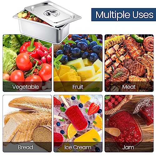 Zubebe 16 Pack Hotel Pan with Lid 4 Inch Deep Steam Table Pan 0.9 mm Thick Stainless Steel Pans Anti Steam Commercial Food Pans for Restaurant Buffet Event Catering Supplies (1/4 Size x 4 Inch Deep)