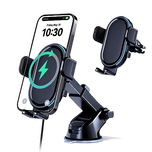 Wireless Car Charger, UGDLUCK 15W Fast Charging Car Charger Mount with Colored Lights Dashboard Windshield Air Vent Car Phone Holder fit for iPhone 14 13 12 11 Pro Max,Samsung Galaxy S23 S22 S21,etc