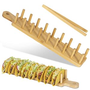 bamboo taco tray with tong, taco holder holds 8, taco shell holder. design allows for multi-use food tray, charcuterie tray. great housewarming gift & kitchen accessory.