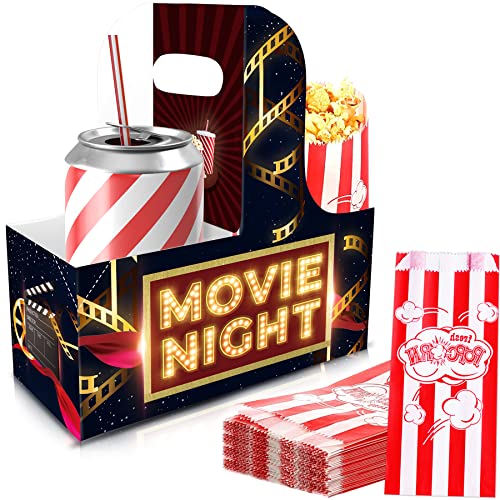 KARAQY 10 Pcs Movie Night Snacks Trays Box - Movie Night Drink Carrier with Handles, Disposable Popcorn Bags, Cinema Combo Popcorn Drink Holder for Movie Theater Cinema Party Supplies Favors