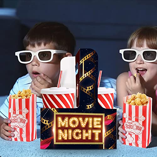 KARAQY 10 Pcs Movie Night Snacks Trays Box - Movie Night Drink Carrier with Handles, Disposable Popcorn Bags, Cinema Combo Popcorn Drink Holder for Movie Theater Cinema Party Supplies Favors