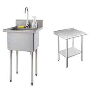 trinity tha-0307 basics stainless steel w/faucet utility sink & rockpoint stainless steel table for prep & work with backsplash 30x24 inches, nsf metal commercial kitchen table