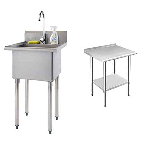 TRINITY THA-0307 Basics Stainless Steel w/Faucet Utility Sink & ROCKPOINT Stainless Steel Table for Prep & Work with Backsplash 30x24 Inches, NSF Metal Commercial Kitchen Table