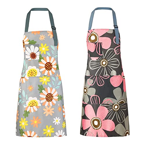 2 Pcs Kitchen Apron, Cooking Apron for Women, Adjustable Chef Apron, BBQ Aprons with 4 Pockets for Home Kitchen Baking Gardening