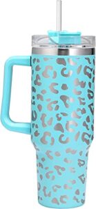 mzjeaziany 40oz insulated leopard tumbler with handle and straw lid，stainless steel double vacuum leak proof travel mug mint tumbler for office,home, party