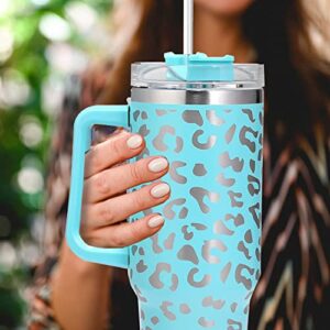 Mzjeaziany 40oz Insulated Leopard Tumbler with Handle and Straw Lid，Stainless Steel Double Vacuum Leak Proof Travel Mug Mint Tumbler for Office,Home, Party