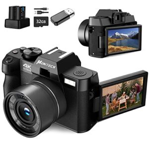 monitech digital camera for photography and video, 4k 48mp vlogging camera for youtube with 180° flip screen,16x digital zoom,32gb tf card, 2 batteries