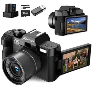 Monitech Digital Camera for Photography and Video, 4K 48MP Vlogging Camera for YouTube with 180° Flip Screen,16X Digital Zoom,32GB TF Card, 2 Batteries