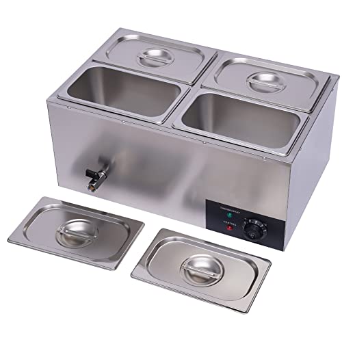 4-Pan Bain Marie Steam Table, Commercial Countertop Steam Table Food Warmer 600W 16.9Qt Stainless Steel Electric Food Soup Warmer with Lid and Tap for Restaurant, Buffet Catering
