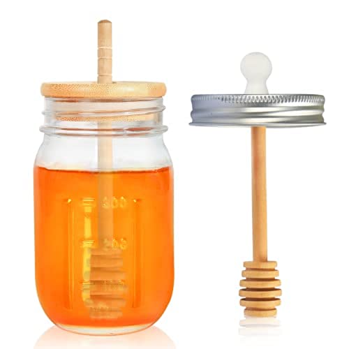 GIVAMEIHF16oz Honey Pot ,Glass Honey Jar with Dipper Stick-Extra Mason Jar Honey Dipper Lid,Glass Honey Dispenser,Honey Containers with Wooden Honey Dipper,Honey Holder,Honey Containers with Dipper,Honey Jar for Storing and Dispensing Honey,For Thank You