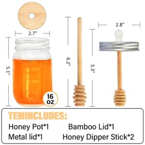 GIVAMEIHF16oz Honey Pot ,Glass Honey Jar with Dipper Stick-Extra Mason Jar Honey Dipper Lid,Glass Honey Dispenser,Honey Containers with Wooden Honey Dipper,Honey Holder,Honey Containers with Dipper,Honey Jar for Storing and Dispensing Honey,For Thank You