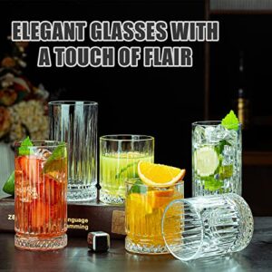 wookgreat Crystal Drinking Glasses, Set of 8 Durable Glass Cups-4 Highball Glasses 15oz & 4 Rocks Glasses 12oz, Mojito Cups, Cocktail Glass, Bar Glassware Set for Cocktail, Beer, Whiskey