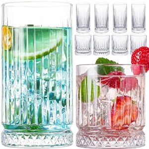 wookgreat crystal drinking glasses, set of 8 durable glass cups-4 highball glasses 15oz & 4 rocks glasses 12oz, mojito cups, cocktail glass, bar glassware set for cocktail, beer, whiskey